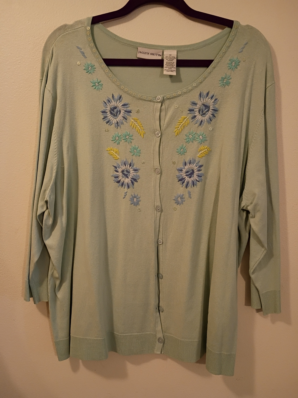 Jaclyn Smith Light Green Embroidered Button-Front Cardigan